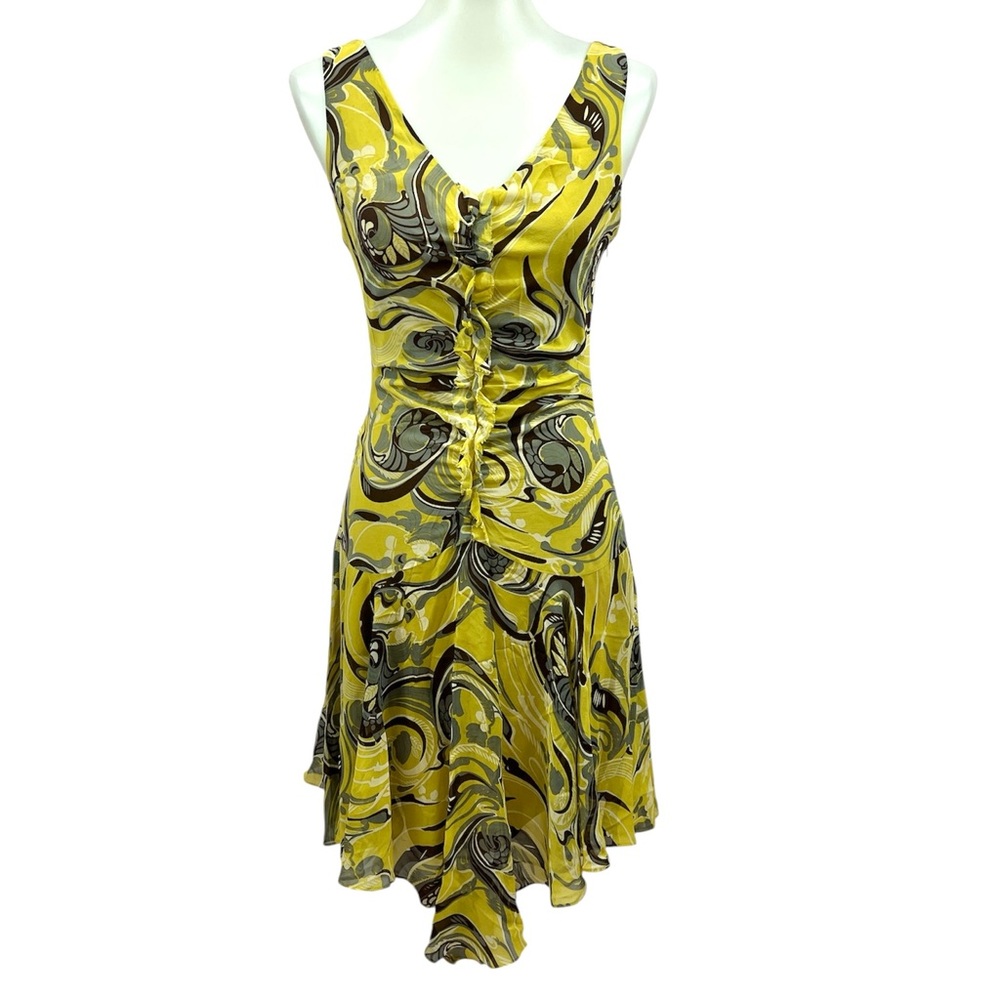 Vintage BCBG Maxazria Y2K Chartreuse Psychedelic Paisley Silk Art Deco Dress